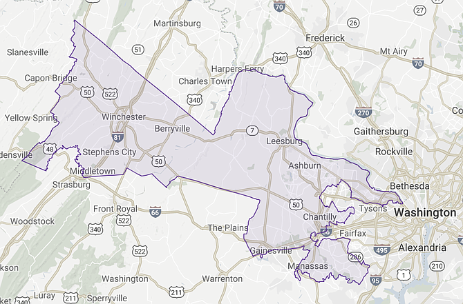 The 10th Congressional District stretches from Winchester through Leesburg into Chantilly and Manassas. 
