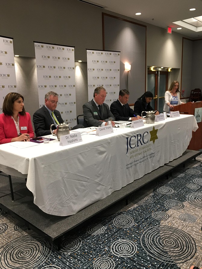 Five of the eight candidates for Maryland’s 6th Congressional District were invited to a candidates’ forum Tuesday, May 22 at Congregation Har Shalom in Potomac. From left are Nadia Hashimi, David Trone, Andrew Duck, Roger Manno and Aruna Miller. Far right is moderator Meredith Weisel.