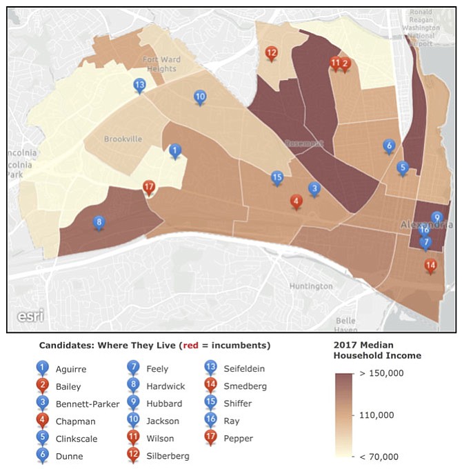 Candidates: Where They Live.
Underlying map and data courtesy of Esri Demographics (https://doc.arcgis.com/en/esri-demographics/). Candidate addresses acquired from latest Statements of Organization available online from the Office of Voter Registration and Elections (www.alexandriava.gov/Elections). Darker brown means higher median income.
