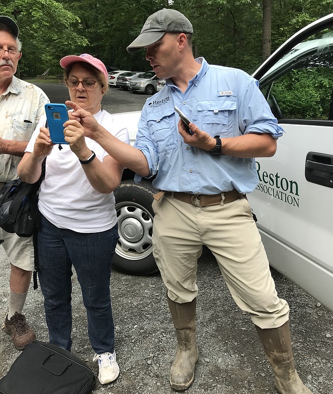 Will Peterson, Reston Association's Watershed Specialist, helps volunteer Sue Beffel of the Stream Team learn how to use the free app, iNaturalist, during the first BioBlitz held June 2, 2018.