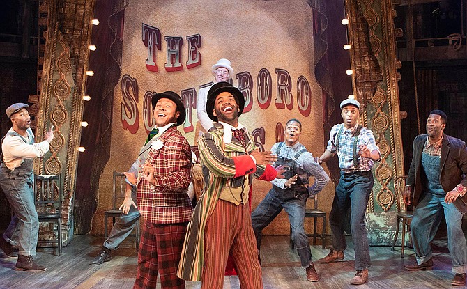 “The Scottsboro Boys” at Signature Theatre: Singing in front row are (from left) Chaz Alexander Coffin and Stephen Scott Wormley. (Back row, from left) are Jonathan Adriel, Aramie Payton, Andre Hinds and Darrell Purcell Jr.