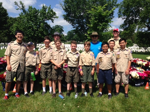 Boy Scout Troop 976 of Our Lady of Good Counsel in Vienna has participated in the Memorial Day Flowers Foundation event at Arlington National Cemetery. 
