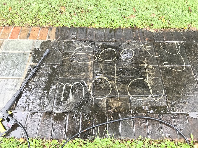 Black "sooty mold" covers the front walk of Katherine Chen's Potomac home. The black sticky substance comes from droppings from Tulip Poplar aphids. Photo shows before and after Chen power washed her walkway.
