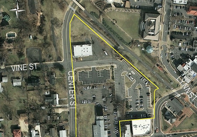 The Town of Herndon Downtown Redevelopment site shows the Subaru building, which was approved for demolition by HPRB as the large building located at the center bottom of the photo. A grassroots effort to save the 1929 building failed.