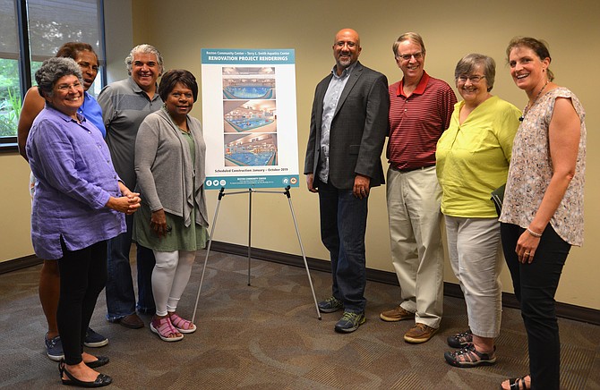 Attending the Annual Meeting of the Reston Community Center to make the presentation and answer residents’ questions were, from left: Executive Dir. Leila Gordon, Board of Governors members Lisa Sechrest-Ehrhardt, Gerald Zavala, Chair Beverly Cosham, Paul Thomas, Bill Keefe, Vicky Wingert and Michelle Moyer.
