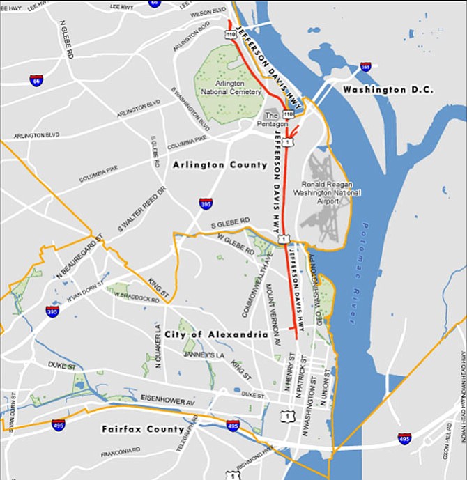 Map of where Route 1 is currently named Jefferson Davis Highway and where it is Richmond Highway.