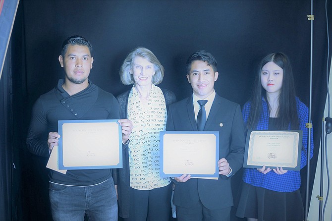 Senior awards assembly at Mountain View High School: From left – Jose Cantarero Ramos, Laura Greenspan (Closet representative), Brayan Perez Brito, and Duc My Tran.
