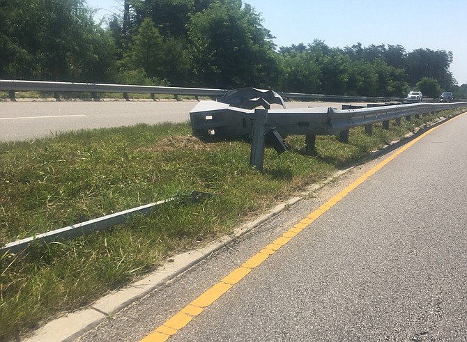 Along Jeff Todd Way in Mount Vernon, this crunched in guardrail is one of several on the roadsides in Fairfax County.