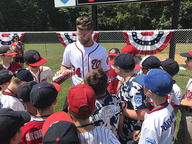 Bryce Harper participates in dedication of  an All-Star Complex bearing his name at Fred Crabtree Park in Herndon. Harper won the MLB Home Run Derby on Monday night.