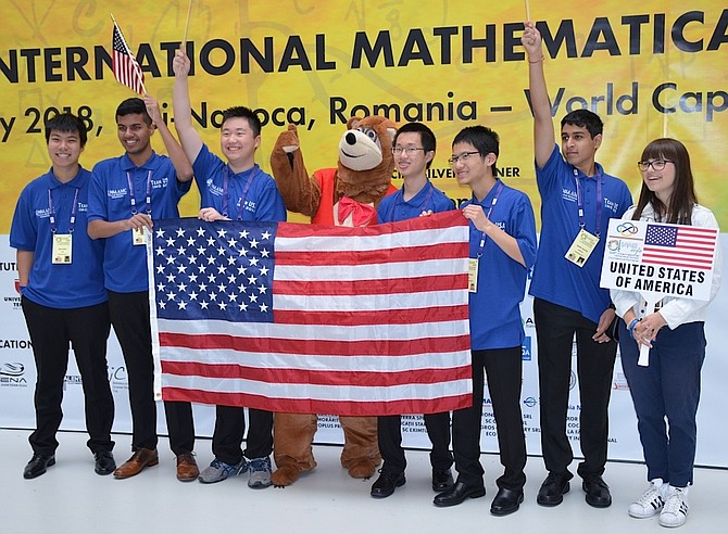 Team USA, the winner of the 59th International Mathematical Olympiad.  Adam Ardeishar, of McLean, is second from left.
