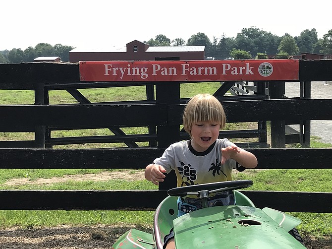 Raphael Schafer, 4, of Burke tries out the tractor at Frying Pan Farm Park in Herndon on a beautiful morning in August.  Frying Pan Farm Park is a sought-after destination for the young and old, not only residents in Herndon and the Town of Herndon, but throughout Fairfax County.