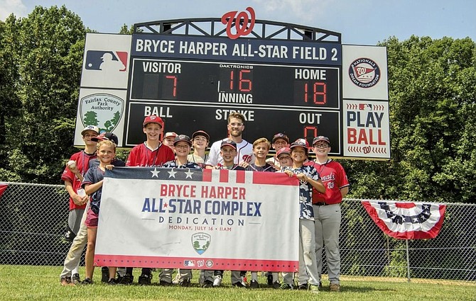 Before winning the Major League Baseball 2018 Home Run Derby later the same day, Bryce Harper of the Washington Nationals took time to open the newly renovated baseball fields at the Bryce Harper All-Star Complex at Fred Crabtree Park. A partnership with Major League Baseball, the Park Authority, and Reston Little League culminated with the opening of two upgraded baseball fields complete with new dugouts, batting cages, and lights for community use. 