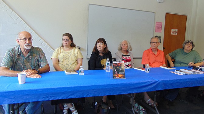 Writers from the Chesapeake Chapter of the Sisters in Crime (from left): Josh Pachter, Cathy Wiley, Robin Templeton, Karen Cantwell, Alan Orloff, and Donna Andrews.