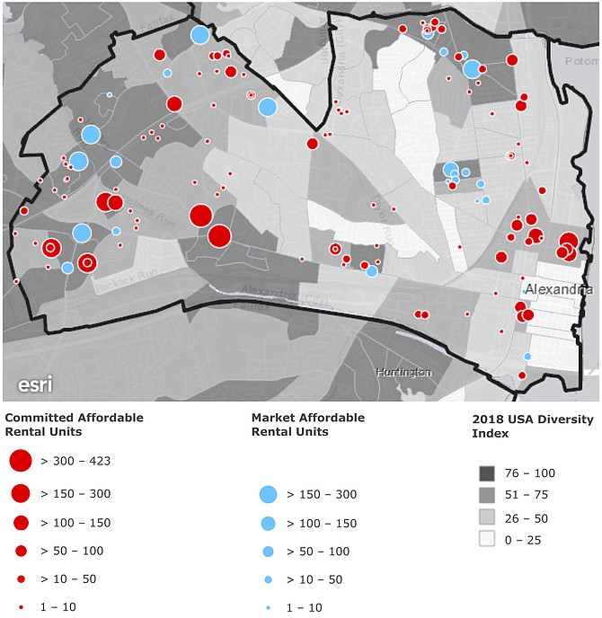 Data sources: Esri, U.S. Census Bureau, Alexandria Office of Housing. Margins of error not indicated for 2018 USA Diversity Index. Alexandria’s 2018 Apartment Survey omits properties with fewer than 10 units, and certain others at the owners’ request. Committed affordable unit locations have been combined where appropriate for ease of viewing.

