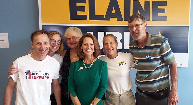 From left: Virginia Democracy Forward (VADF) and We of Action Virginia (WofVA) members Chris Le Menestrel of McLean, with VADF colleague Jody Katz, WofaVA member Jessica Mott of Arlington, First Lady of Virginia Pam Northam, Annette Lang of McLean, and Keith Mott of Arlington. About 13 local residents travelled to Virginia Beach to canvas on behalf of Elaine Luria, the Democratic candidate running against Scott Taylor in the Second Congressional District. 