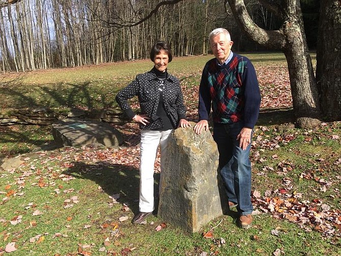 Sharon Bulova and John Mason at the Fairfax Stone in fall of 2017.