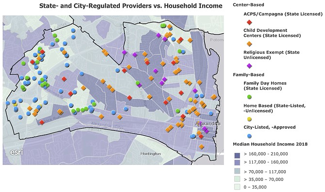 Out-of-home “center-based” providers skew eastward and in-a-private-home “family-based” providers skew westward. Both categories have pros and cons. On the one hand, center-based providers likely prepare older children for school in a more structured and effective manner. On the other hand, family-based providers likely serve younger-age infants and toddlers and are likely more geographically accessible to lower-income families. Data sources: Esri, TomTom, U.S. Department of Commerce, U.S. Census Bureau, Virginia Department of Social Services (www.dss.virginia.gov/facility/search/cc.cgi), Alexandria Department of Community & Human Services (www.alexandriava.gov/ChildCare, accessed Aug. 28, 2018).