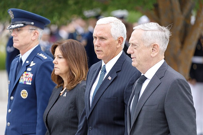 Vice President Mike Pence, second from right, is joined by Second Lady Karen Pence and Secretary of Defense James Mattis, right, at the National 9/11 Pentagon Memorial ceremony marking the 17th anniversary of the 2001 terror attacks. At left is Vice Chairman of the Joint Chiefs of Staff Gen. Paul Selva.
