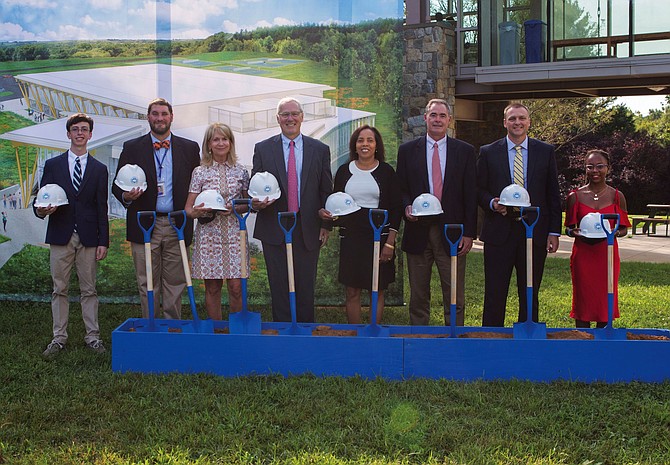 Potomac School dignitaries participate in the groundbreaking. From left: Matthew Giuliano ‘19, president of the Student Government Association; John Mathews, head of the Middle and Intermediate Schools; Nancy Powell, head of the Lower School; John Kowalik, head of school; Dr. Marjorie Brennan, chair of the Board of Trustees; Tim Jaeger, assistant head of school; Doug McLane, head of the Upper School; Daija Yisrael ’19, vice president of the Student Government Association.