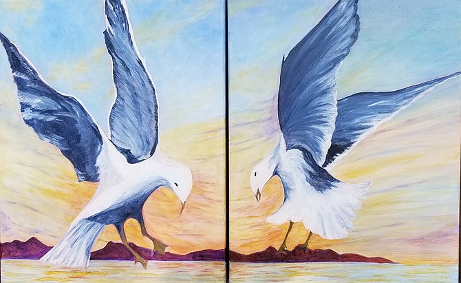 Diving at Dusk - diptych, acrylic - by Linda Jones