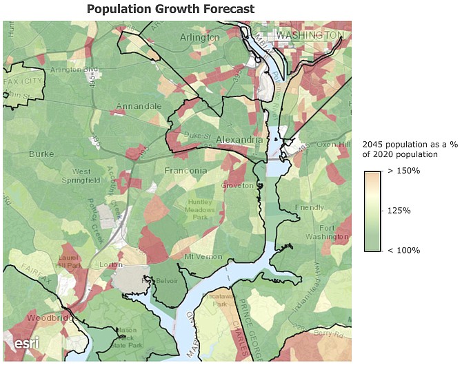 Over the next two-and-a-half decades, population is forecasted to grow substantially around Alexandria’s periphery, and also along Route 1 and I-95. Sources: TPB’s Regional Transportation Data Clearinghouse (rtdc-mwcog.opendata.arcgis.com), Esri, TomTom, U.S. Department of Commerce, U.S. Census Bureau.