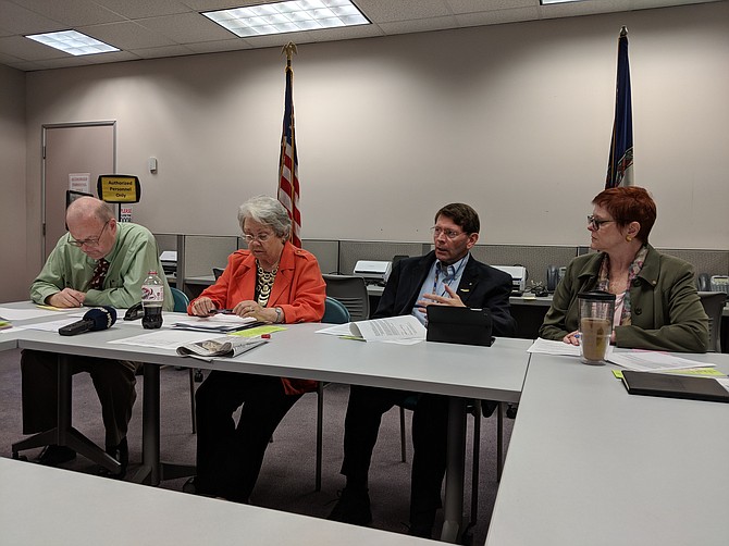 From left: Fairfax County General Registrar Gary Scott, Kate Hanley, Secretary of the Fairfax County Electoral Board, Board Chairman Stephen Hunt, and Vice-Chairman Bettina Lawton host members of the media at a meeting on Sept, 17. 
