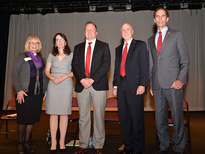 From left: The moderator of the Faith Alliance for Climate Solutions Climate Forum, Rev. Dr. Jean Wright, panelists Dr. Samantha Ahdoot, Chairman-At-Large, Prince William County Board of Supervisors (and U.S. Senate candidate) Corey Stewart, Major General Rick Devereaux, USAF (Ret.) and Mount Vernon District Supervisor, Dan Storck. By the time the group could pose for photos, panellist U.S. Sen. Tim Kaine had to depart to keep on schedule.
