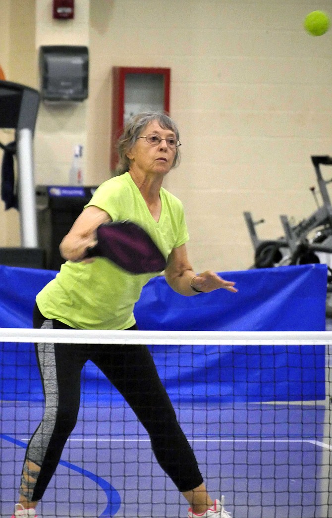 Beth Baynes of Alexandria plays in the NVSO mixed doubles pickleball competition, Sept. 24.