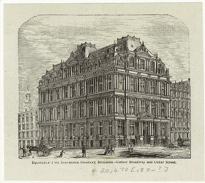 The 1870s Equitable Life Insurance Company Building. The initial “AXA” is the initials of the Equitable Life Insurance Company.