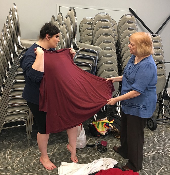 Jillian Blair, who plays the role of Mama, discusses costume choices with director Laurie Freed at rehearsal for “A Shayna Maidel” opening at Congregation Har Shalom Thursday.