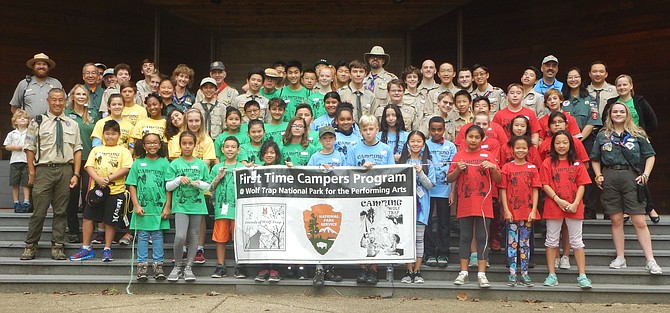 Gathering of all the troops at the 9th First Time Campers adventure at Wolf Trap Park.