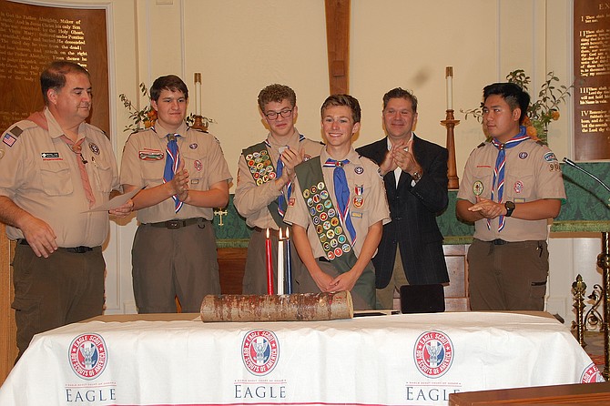 Michael Turk, Scoutmaster; Chris Barre; Kyle Herbert; Caleb Himes; Jim McCleary, Eagle Scout Counselor; and Brian Le.