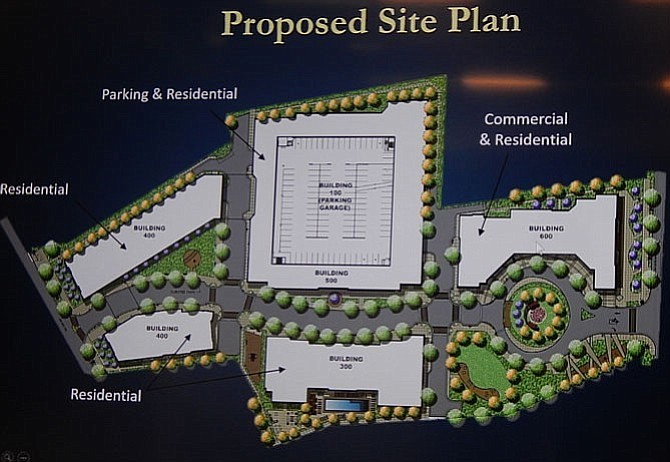 The revised site plan for the Fairfax Gateway mixed-use development.
