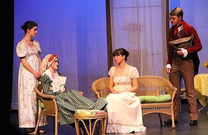 From left, Madeline Moran, Hannah Khan, Alexandra Wai and Peter Heller in the Flint Hill School performance of ‘Pride and Prejudice.’