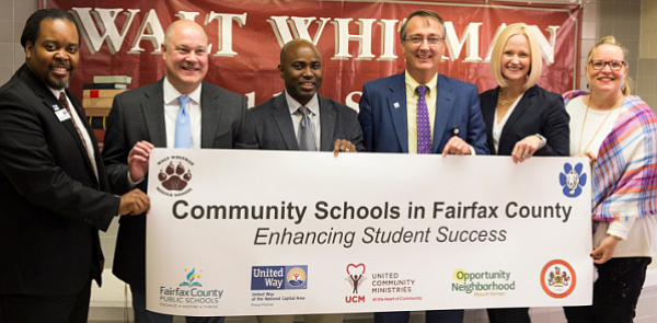 Celebrating the launch of the first Community Schools in Fairfax County are (from left): Timothy Johnson, vice president of Community Impact at United Way of the National Capital Area; Craig Herring, principal at Walt Whitman Middle School; Dr. Clint Mitchell, principal at Mount Vernon Woods Elementary School; Dr. Scott Braband, superintendent, Fairfax County Public Schools; Alison DeCourcey, executive director, United Community Ministries; and Sarah Allen, deputy director, Fairfax County Neighborhood and Community Services.