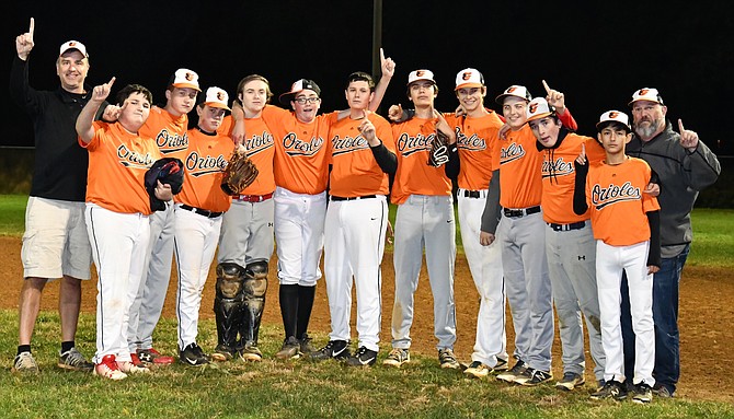 Orioles pictured after winning Championship. From left: Tom DePaul (Coach), Noah Slivka, Jack Turner, Will Rowe, Kevin Adamson, Kaden Dillon, PJ Milton, Evan Stegenga, Ian DePaul, Louis Genovese, Finn McConville, Nathan Kiochandra, and Bruce Dillon (Assistant Coach).  Not pictured:  Blayden Woodruff.