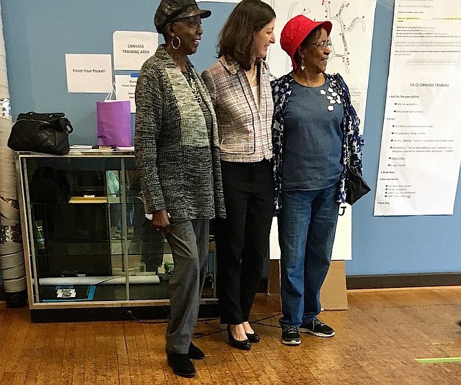 Elaine Luria honored two of her oldest canvassers, Marjorie Davis, 92, far right, and June Baines, 82, left.