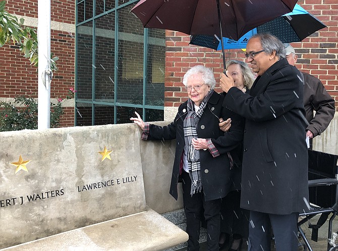 Gold Star mother Jeanette Lilly, 93, stands near the newly unveiled memorial to her son, 1st Lt. Lawrence Lilly, at the Capt. Rocky Versace Plaza and Vietnam Veterans Memorial Nov. 15 in Del Ray. Lt. Lilly was shot down over Cambodia in 1971 and is one of seven POW/MIAs from Alexandria.