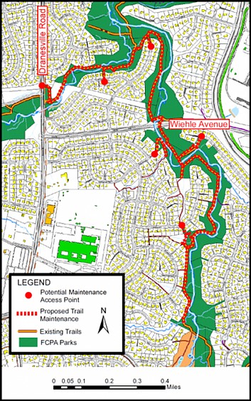 Map of Trails in Sugarland Run Stream Valley Park depicting proposed Trail maintenance, existing trails and potential maintenance access points.