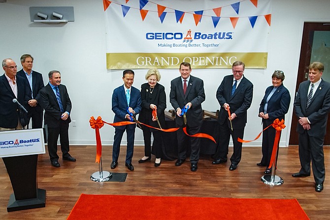 From left: Bill Lynch, Port Royal Pride; Wayne Klotz, I-95 Business Parks Management; Tom King, BoatUS; Kirk La, BoatUS; Beth Newburger; Supervisor Pat Herrity (R-Springfield); Bill Roberts, GEICO; Nancy Pierce, GEICO; Marc Vignerot, BoatUS.