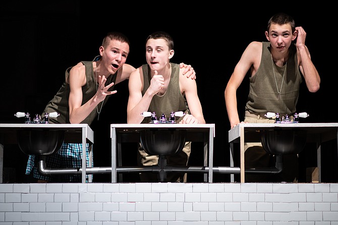 From left:  Anderson Hauptli, Samuel Buroker and Peter Fox in Langley High School's production of ‘Biloxi Blues.’