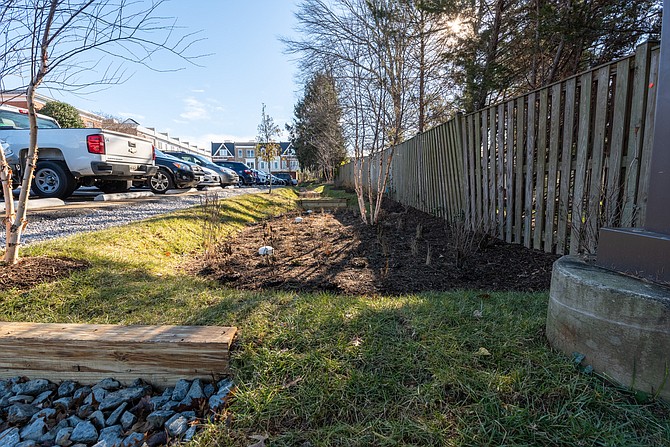 A rain garden is located along the back edge of the parking lot behind Town Hall, at 127 Center Street S.