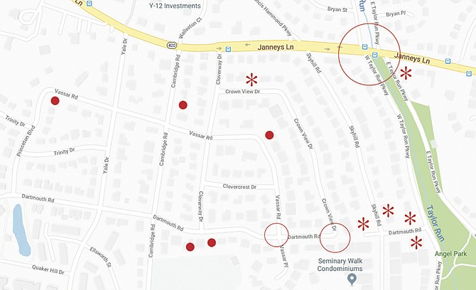 Map reflects neighborhood reports of gas odors from Clover-College Park Civic Association email exchange beginning Nov. 10 and continuing through December. Solid dots indicate confirmed gas leaks, asterisks indicate gas smell reported, and circles indicate Washington Gas digging.