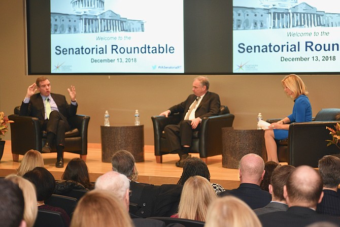 U.S. Senators  Mark Warner and Tim Kaine and NBC4 News Virginia Bureau Chief Julie Carey trade questions and answers at a discussion hosted by the Northern Virginia Chamber of Commerce.