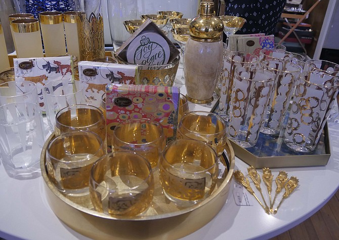 The Hour Shop offers sparkling vintage glassware in 24-karat gold.