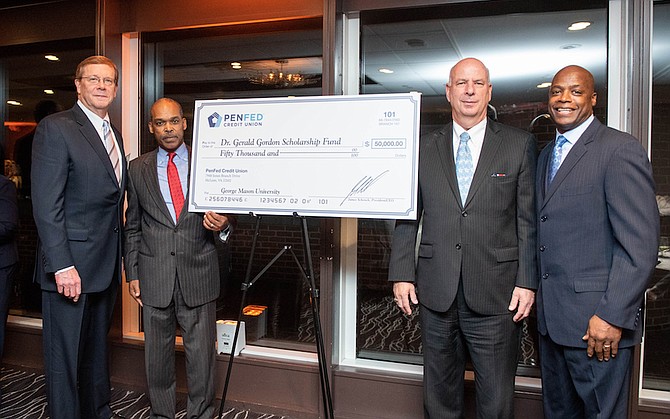 From left: Steven Davis, President and CEO, DGSC Group; Rocky Mitchell, Executive Vice President, Global Fixed Assets, PenFed Credit Union; Gerald L. Gordon, Ph.D. President and CEO, Fairfax County Economic Development Authority; Darrell Green, Associate Athletic Director, George Mason Athletics.