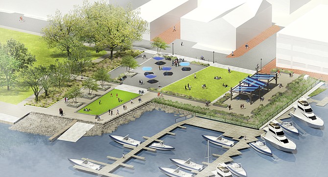 Design concept of what City Council has now officially named Waterfront Park. It was earlier conceived as two adjacent parks, Waterfront Park to the south, Fitzgerald Square to the north.