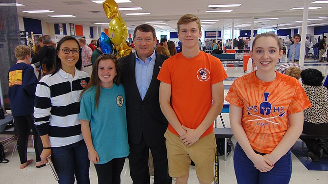 Springfield District Supervisor Pat Herrity (center), with (from left): Sam Donnelly Jonsson, Emily Butters, Connor Brooks, and Laura Moritz at the Teen Job Fair at West Springfield High on April 28, 2018.