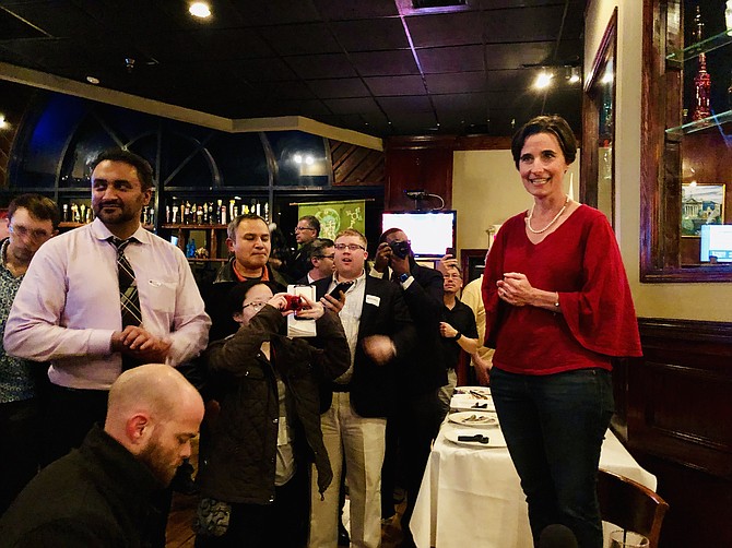 Senator-elect Jennifer Boysko (D-33) delivers a victory speech at O’Faolains Irish Pub in Sterling, vowing to fight for the Equal Rights Amendment and redraw Virginia’s legislative maps before this November’s elections.
