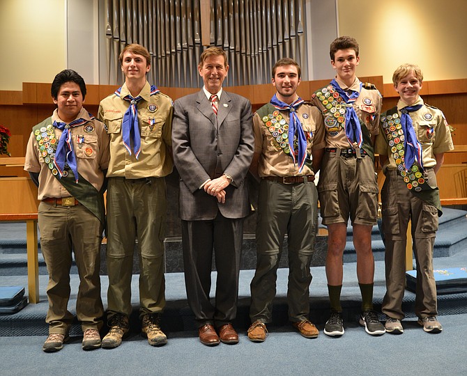 The newly minted Eagle Scouts of Troop 652 pictured with U.S. Rep. Don Beyer (D-8), the keynote speaker at their induction ceremony on Jan. 7 at St. Dunstan’s Episcopal Church in McLean. From left: Luis Gentry, Henry McCarthy, Rep. Beyer, Will Greenwood, Eric Mizusawa and Grant Halla.